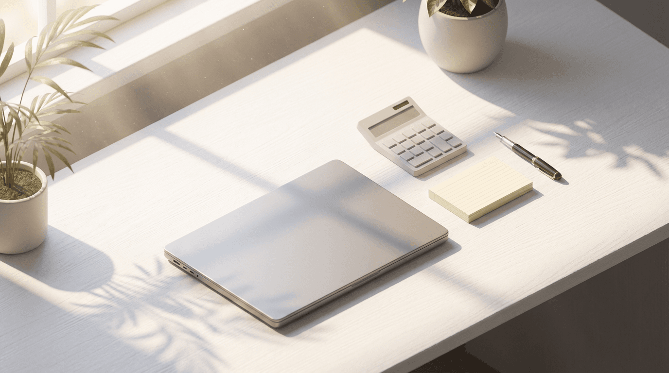 Overhead desk view with calculator, laptop, pen, and notecards. Shadows move slowly across clean white surface.