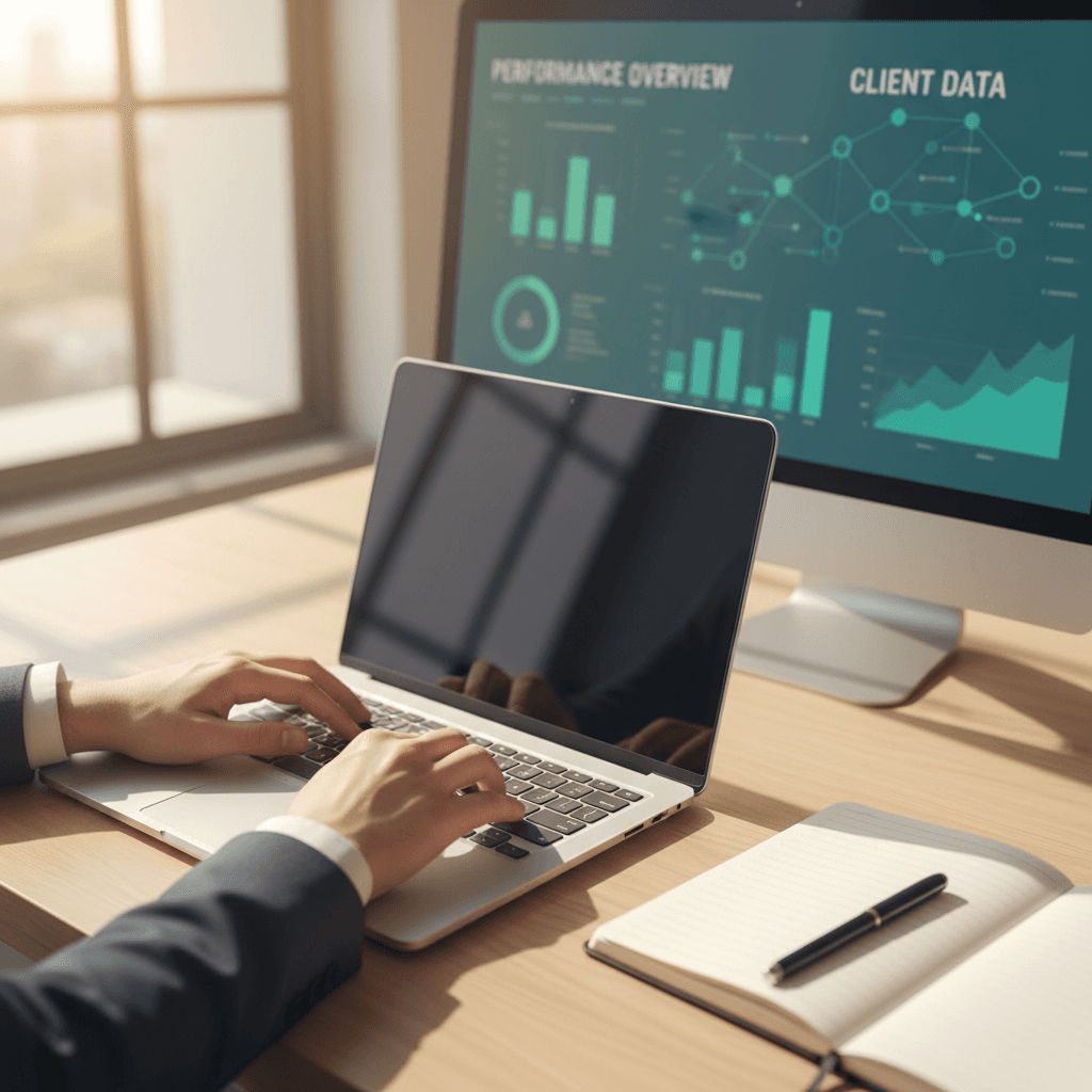 Professional hands typing on laptop with customer data dashboards visible on monitor in bright office workspace
